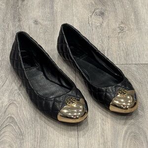 Tory Burch Kaitlin Quilted Black Leather Ballet Flats with Gold Toe Hardware